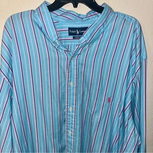 Ralph Lauren Blue Long Sleeve Men’s Button Down Striped Shirt 3XLT 100% Cotton
